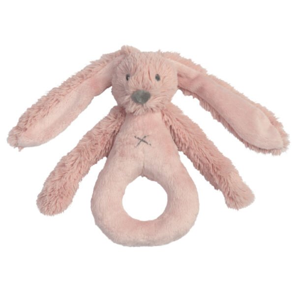 "Delightful Pink Rabbit Richie Rattle toy from Happy Horse, designed to engage and soothe newborns. A must-have for every baby's playtime!"