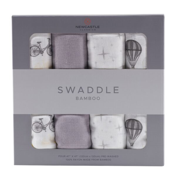 "4-pack of luxurious organic bamboo muslin swaddles in a blissful design, offering ultimate softness and breathability for newborns. Perfect for wrapping your baby in comfort and style."