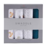 "Organic cotton swaddle bundle featuring 4 luxurious muslin swaddles with charming Forest Friends print. Perfect for newborns, soft and breathable."