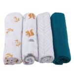 The "Luxurious Forest Friends Cotton Muslin Swaddle Bundle - Set of 4" features organic cotton swaddles with adorable forest animal prints. Perfect for wrapping your newborn in softness and comfort.
