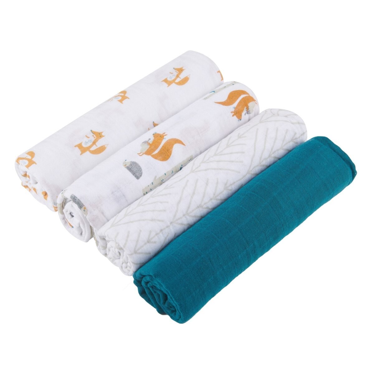 "luxurious set of 4 organic cotton swaddles featuring charming forest friends designs. "