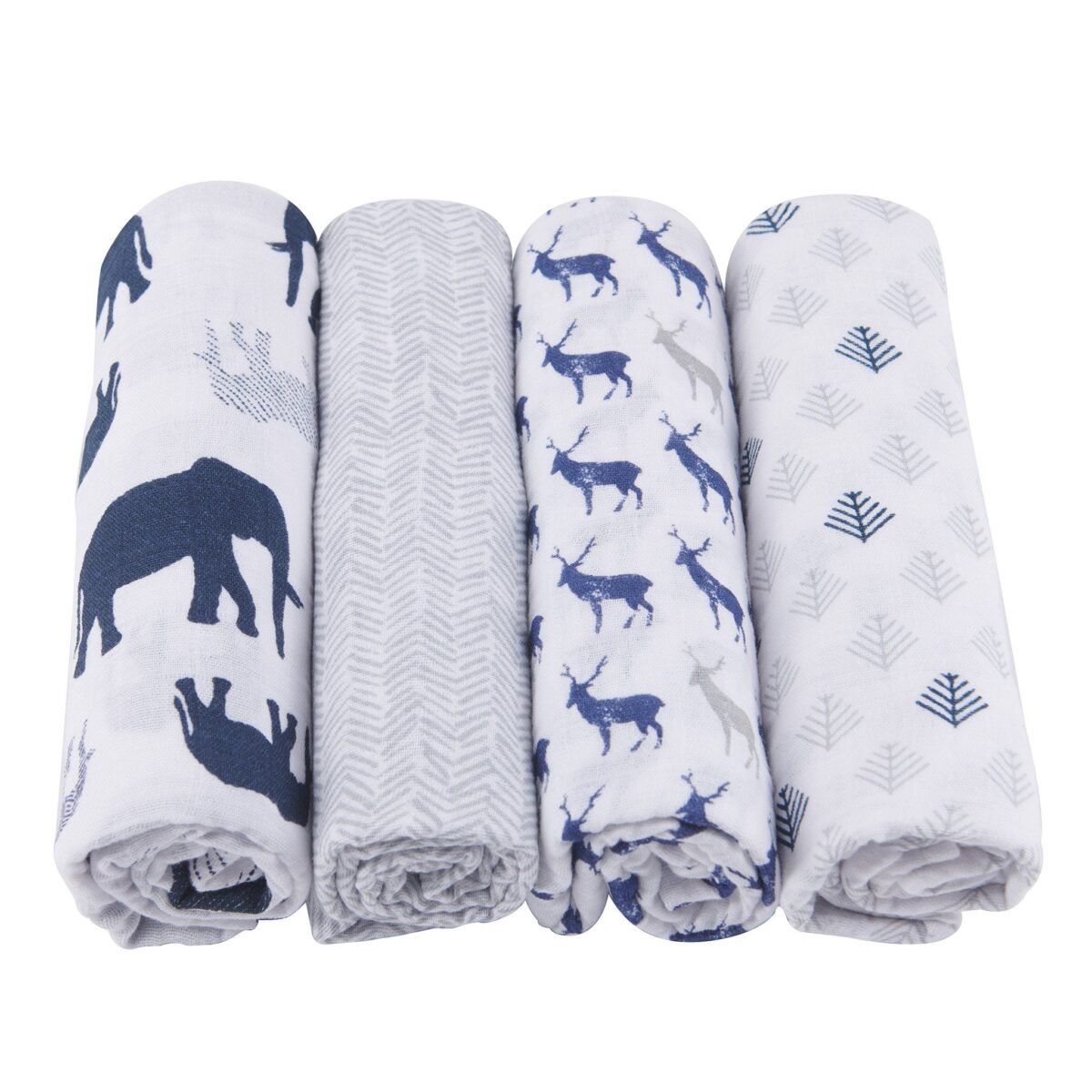 "premium 4-pack of organic cotton muslin swaddles in elegant wild blossom print, perfect for newborns. Luxuriously soft for ultimate comfort. "