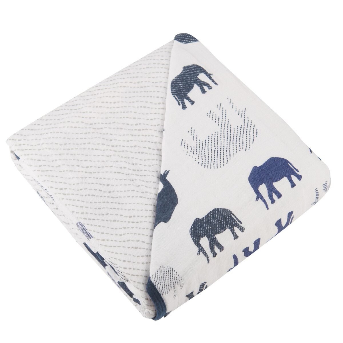 Blue elephant and spotted wave cotton muslin newcastle blanket | cloudybébé baby product
