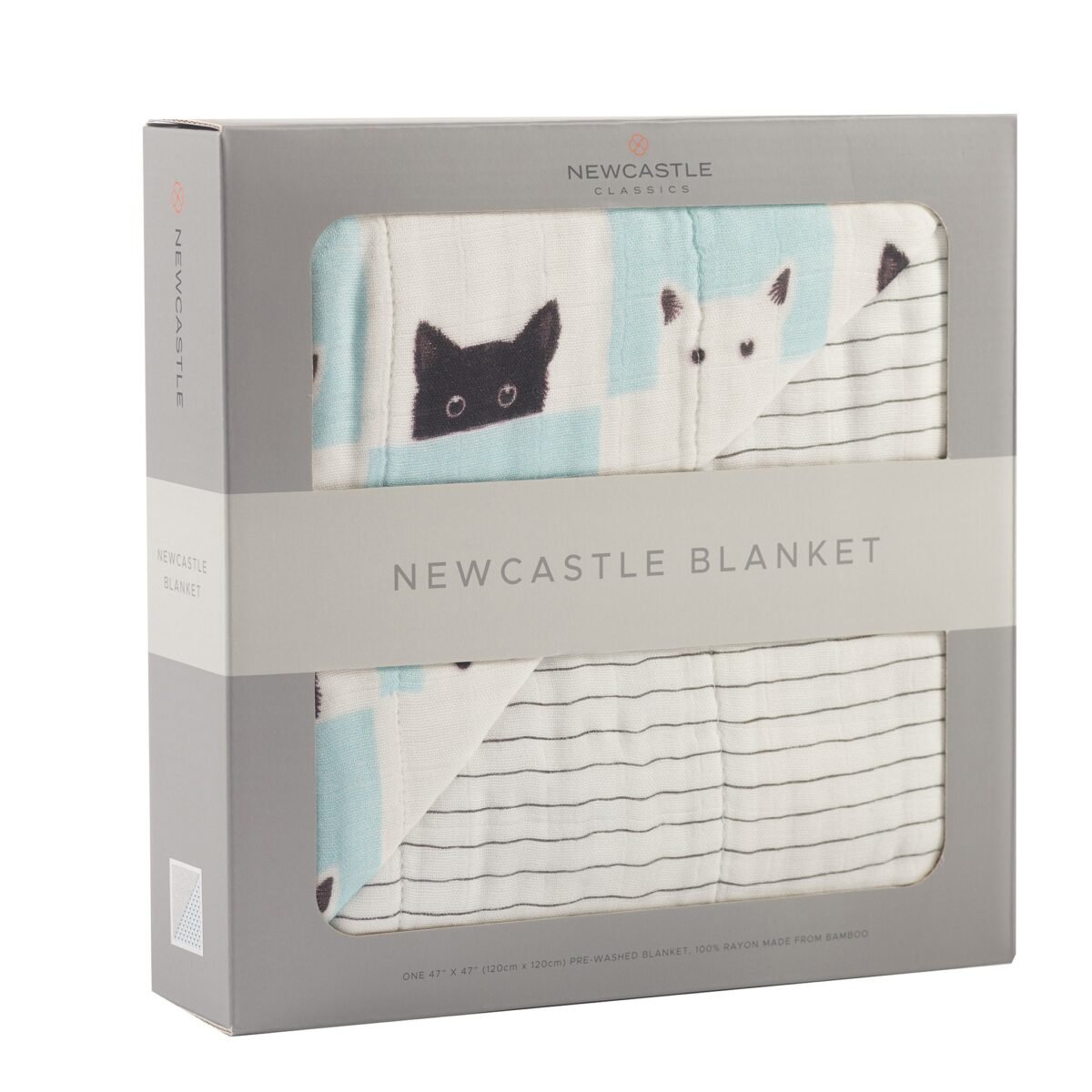 Peek-a-boo cats and pencil stripe bamboo muslin newcastle blanket | cloudybébé baby product
