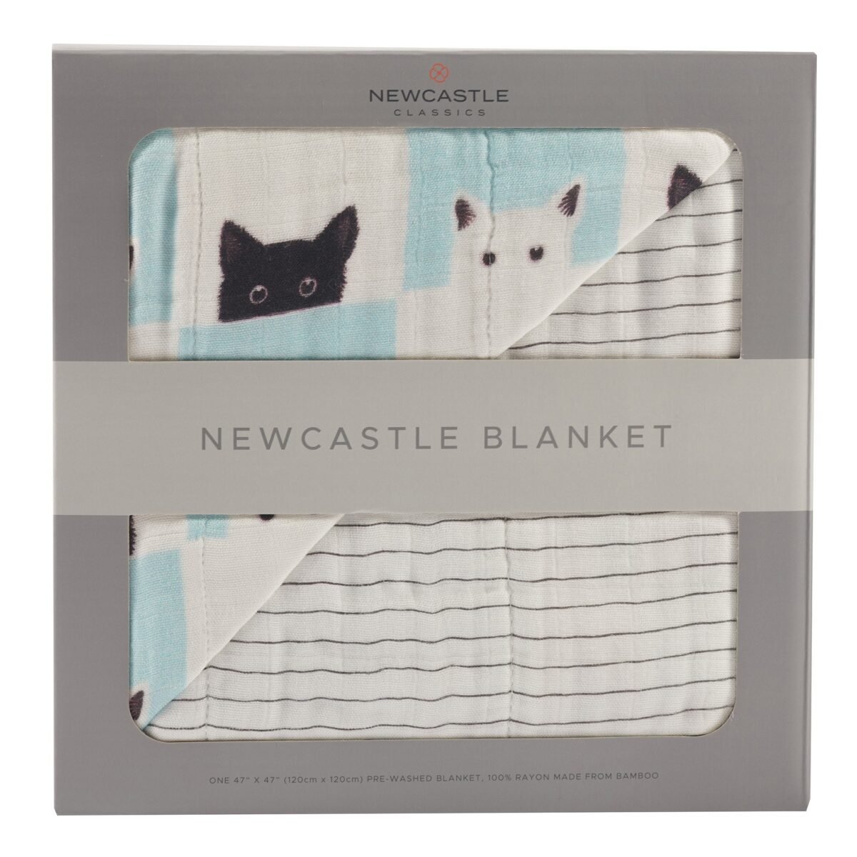 Peek-a-boo cats and pencil stripe bamboo muslin newcastle blanket | cloudybébé baby product