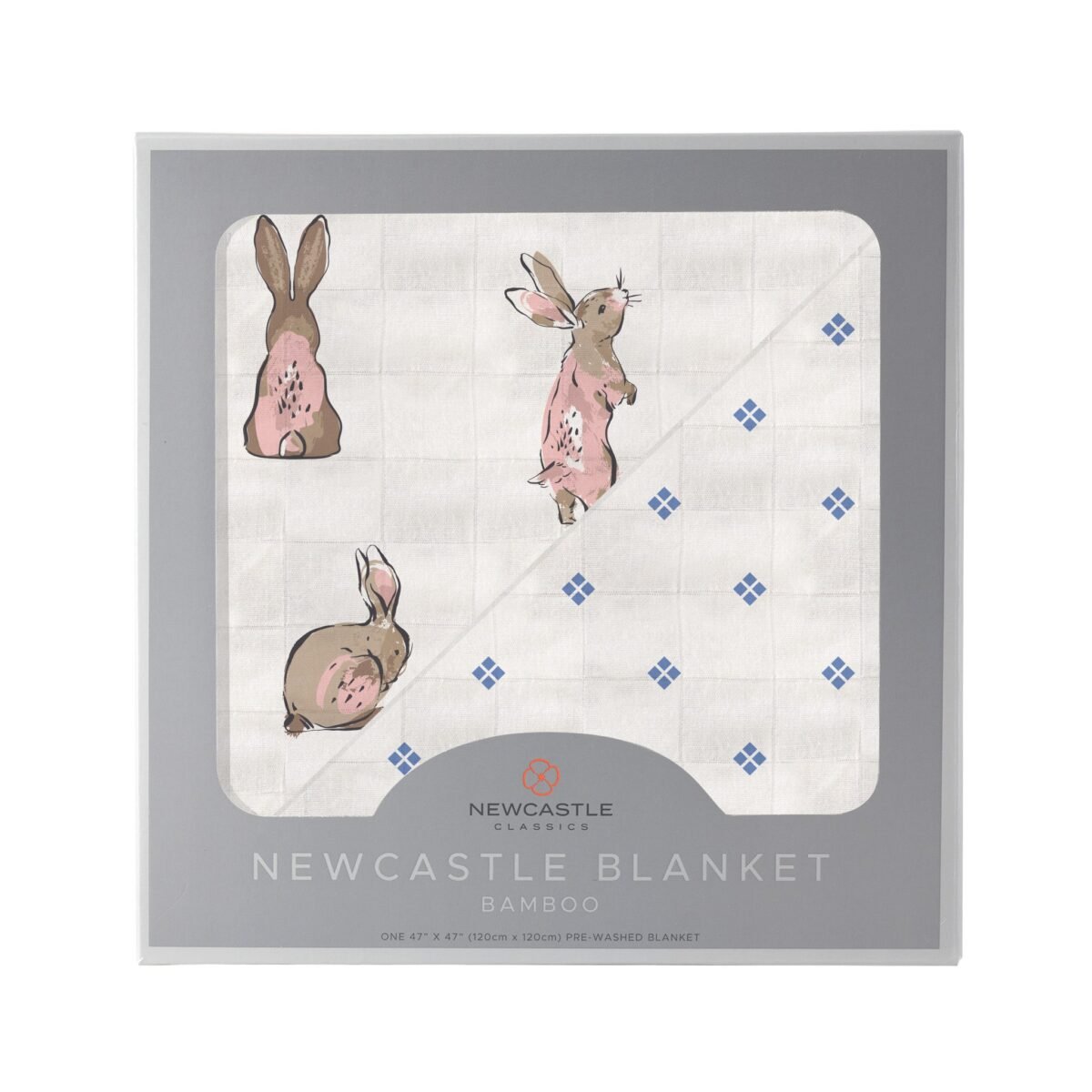 Powder pink bunnies and periwinkle diamond polka dot bamboo newcastle blanket | cloudybébé baby product
