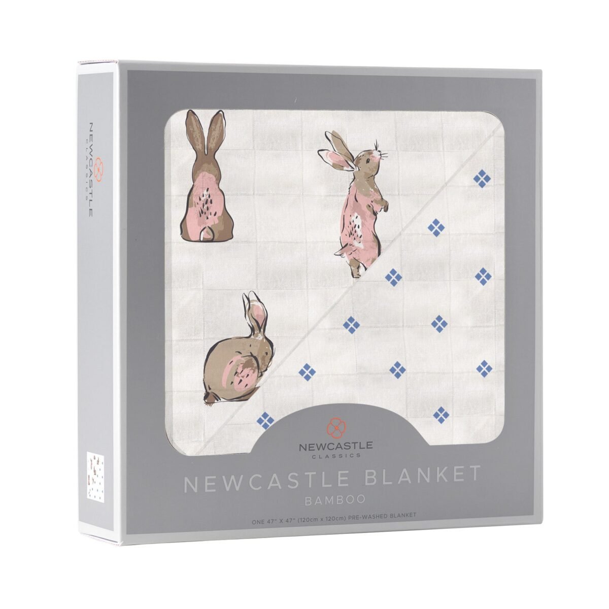 Powder pink bunnies and periwinkle diamond polka dot bamboo newcastle blanket | cloudybébé baby product