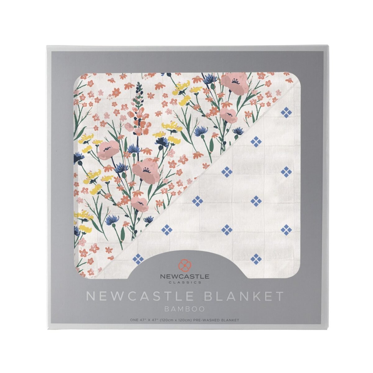 "adorable baby blanket featuring luxurious wildflowers & periwinkle diamond polka dot design. Made from soft bamboo for ultimate comfort. Perfect for cozy nights all year round. "