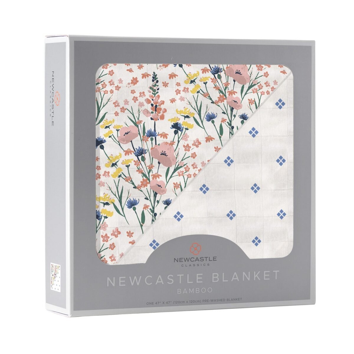 "soft and luxurious baby blanket featuring a charming design of wildflowers and periwinkle diamond polka dots. Perfect for keeping your newborn snug and warm. Made from bamboo material for added comfort. "