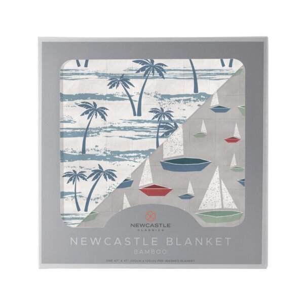 "Luxe Ocean Palm Trees Bamboo Blanket provides cozy coastal comfort for kids, featuring a serene ocean view with palm trees. Perfect for a bamboo kids blanket!"