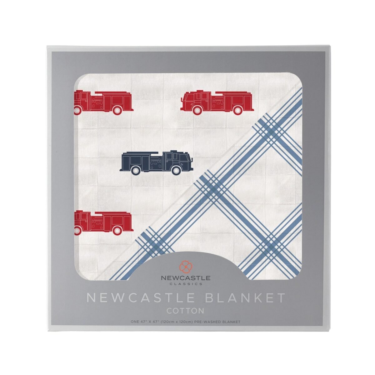 Blue and red fire trucks and buffalo check plaid newcastle blanket | cloudybébé baby product