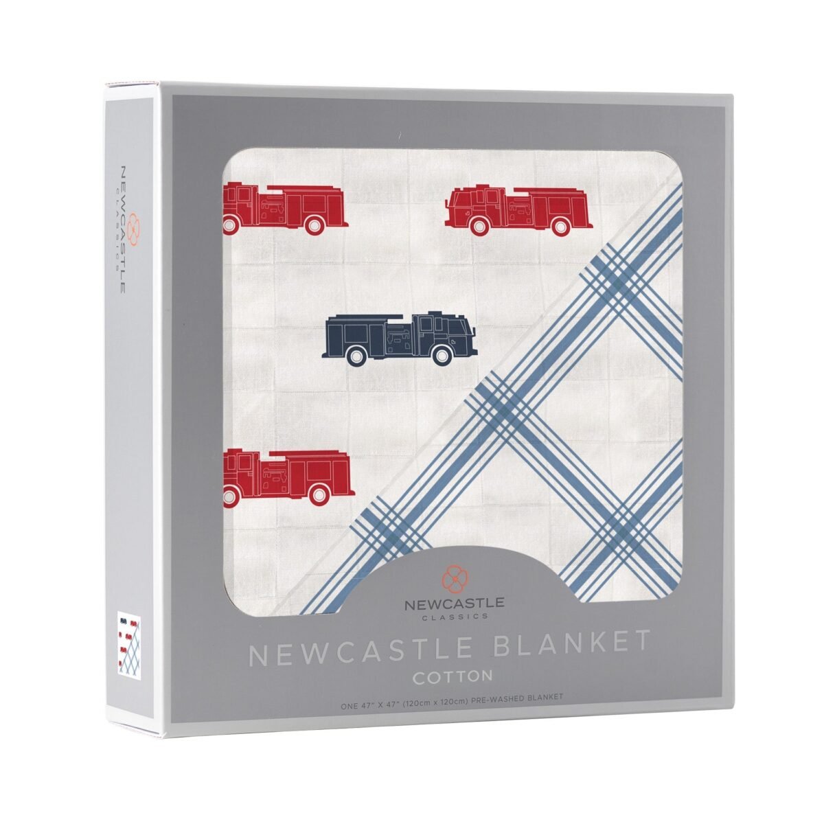 Blue and red fire trucks and buffalo check plaid newcastle blanket | cloudybébé baby product