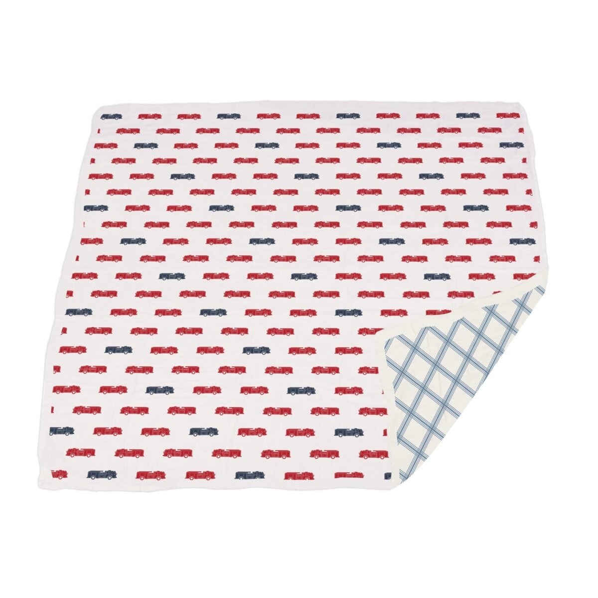 Blue and red fire trucks and buffalo check plaid newcastle blanket | cloudybébé baby product