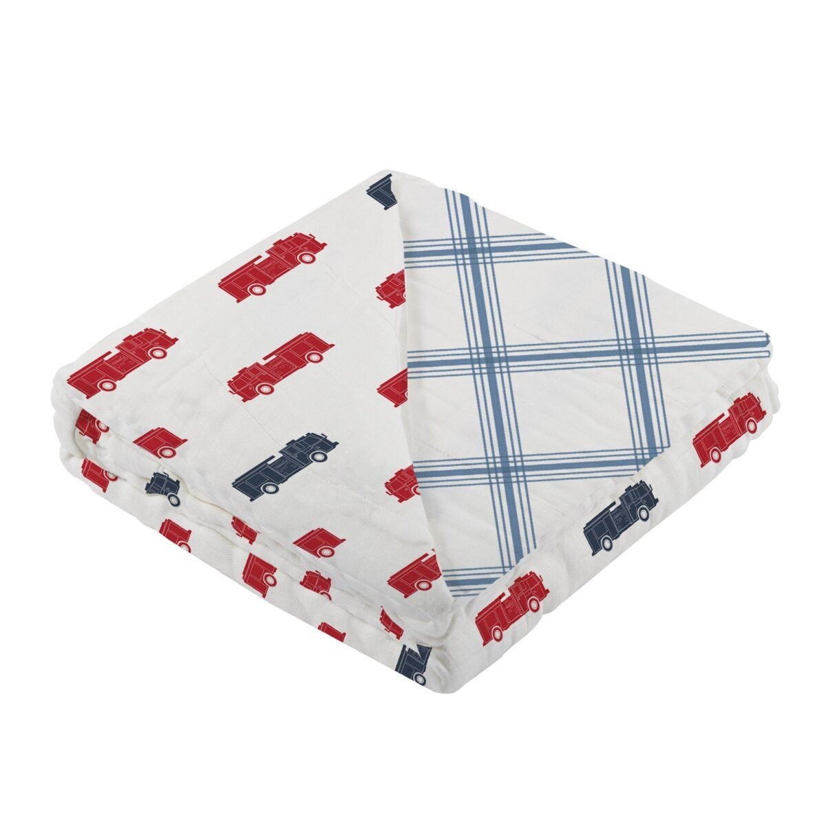 Blue and red fire trucks and buffalo check plaid newcastle blanket | cloudybébé baby product