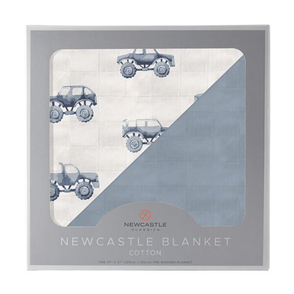 Indigo Monster Trucks and Blue Fog Cotton Newcastle Blanket