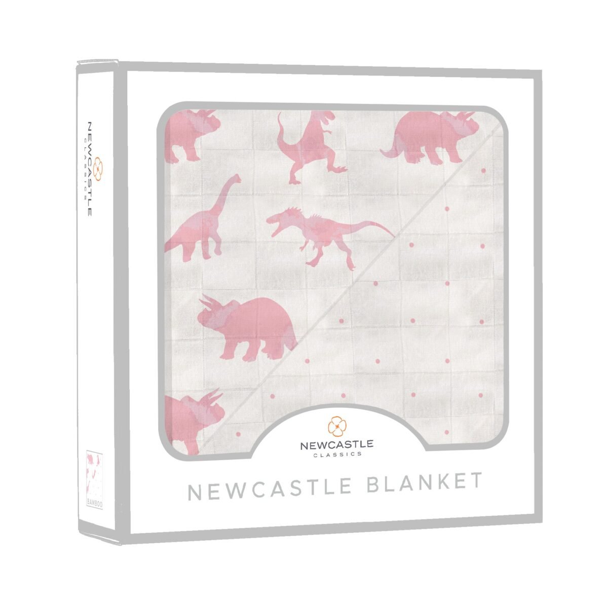 Pink dinosaurs & pink polka dot bamboo newcastle blanket | cloudybébé baby product