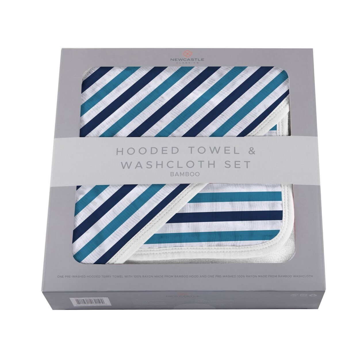 Blue and white stripe bamboo hooded towel and washcloth set | cloudybébé baby product