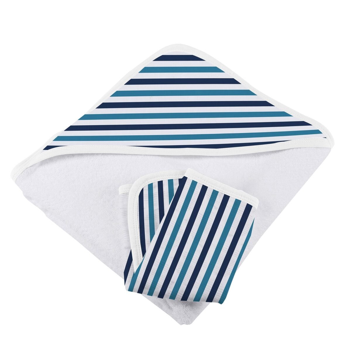 Blue and white stripe bamboo hooded towel and washcloth set | cloudybébé baby product