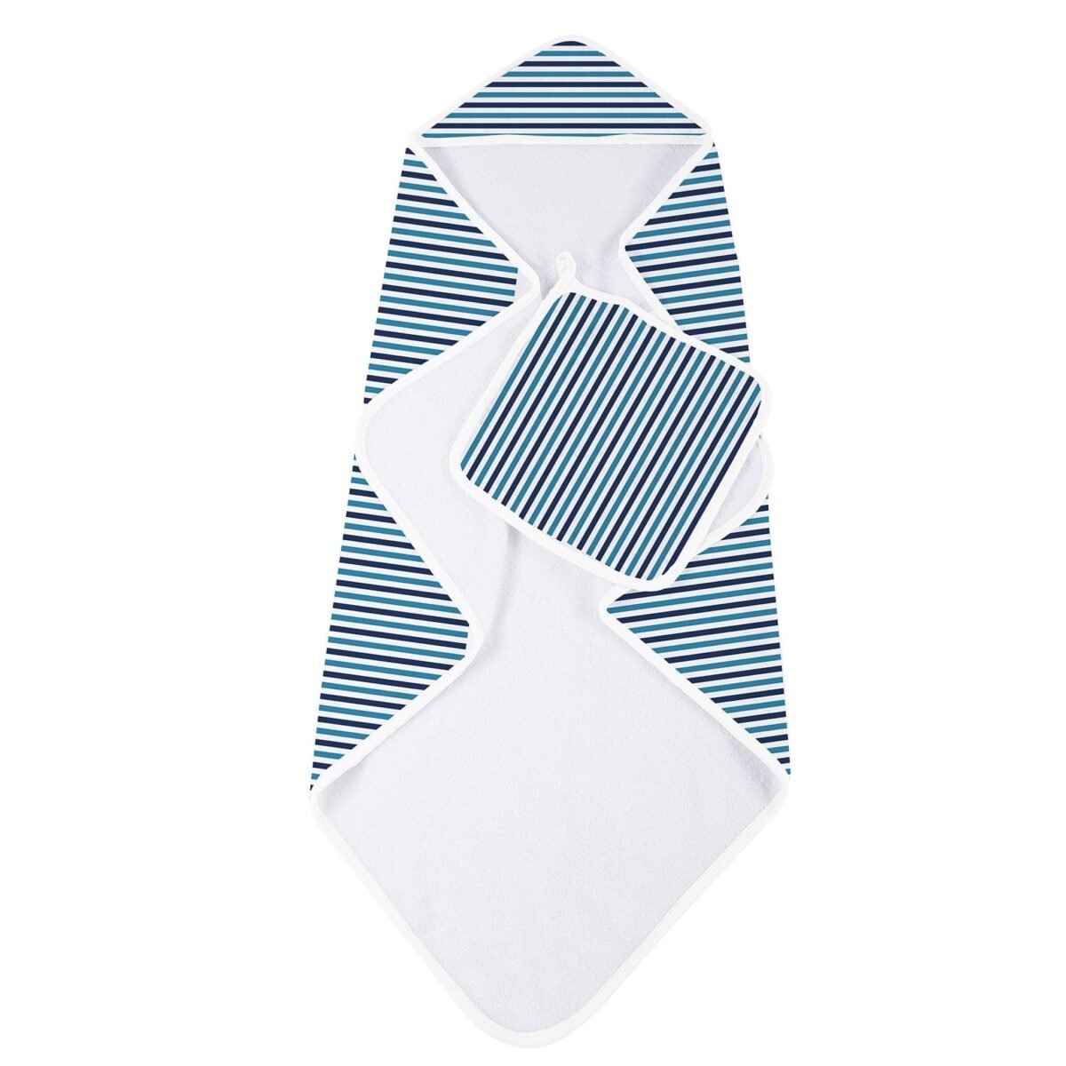 Blue and white stripe bamboo hooded towel and washcloth set | cloudybébé baby product