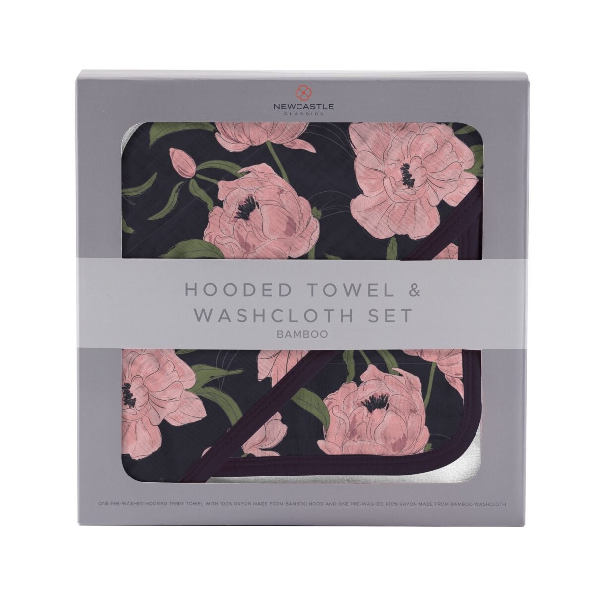 Peonies hooded towel and washcloth set | cloudybébé baby product