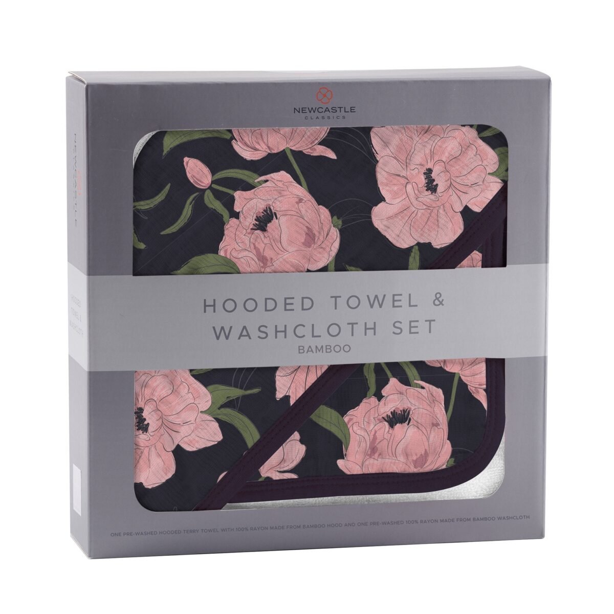 Peonies hooded towel and washcloth set | cloudybébé baby product