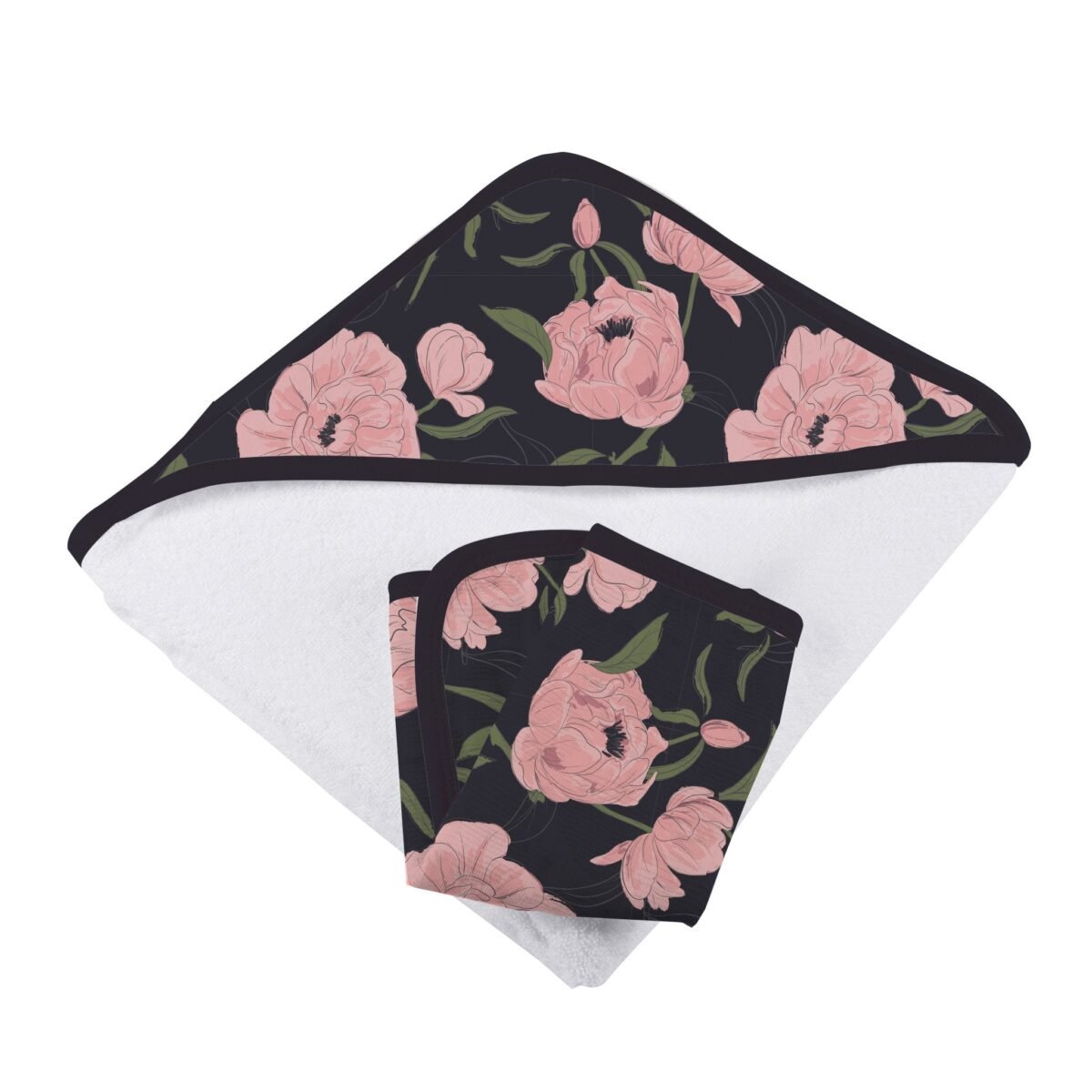 Peonies hooded towel and washcloth set | cloudybébé baby product