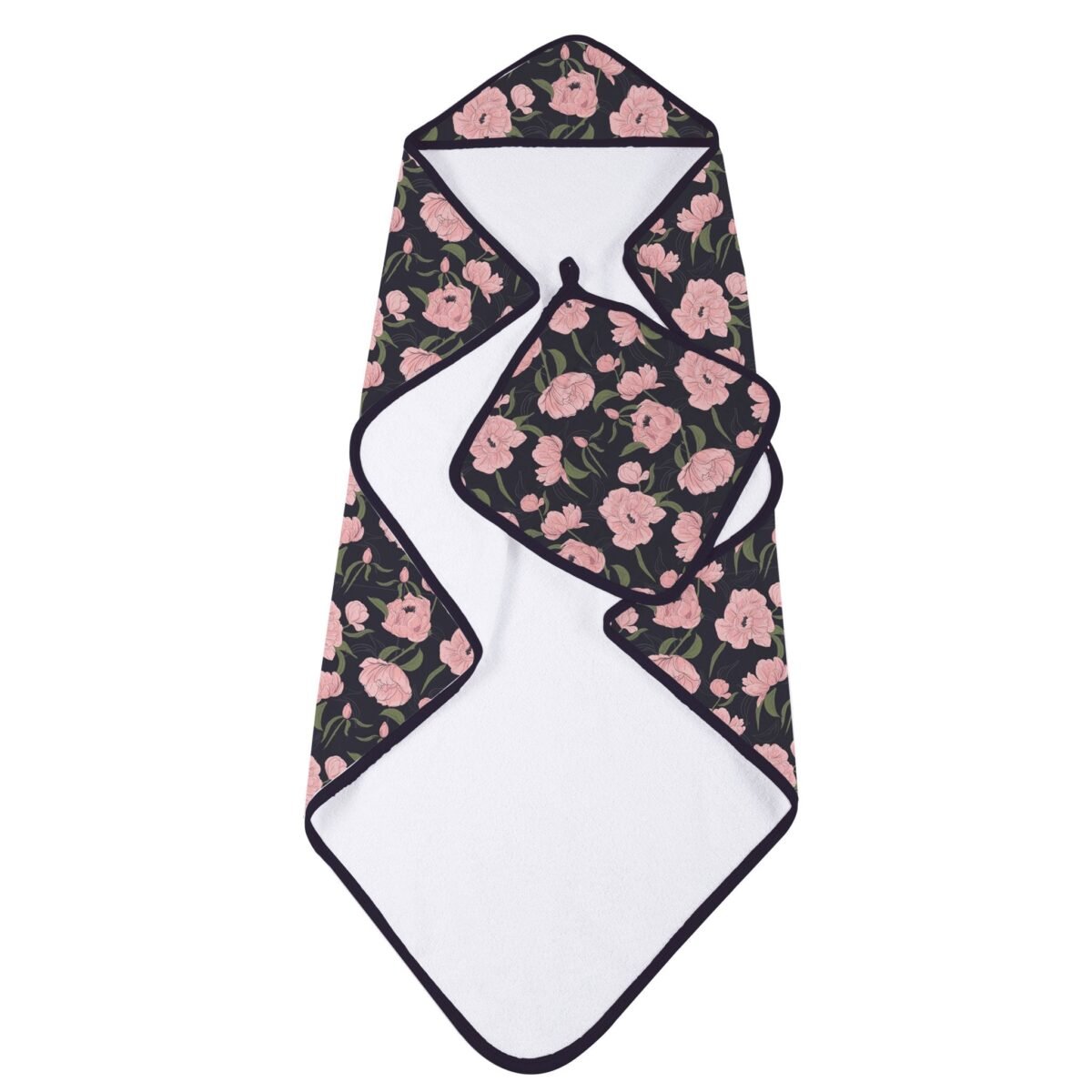 Peonies hooded towel and washcloth set | cloudybébé baby product