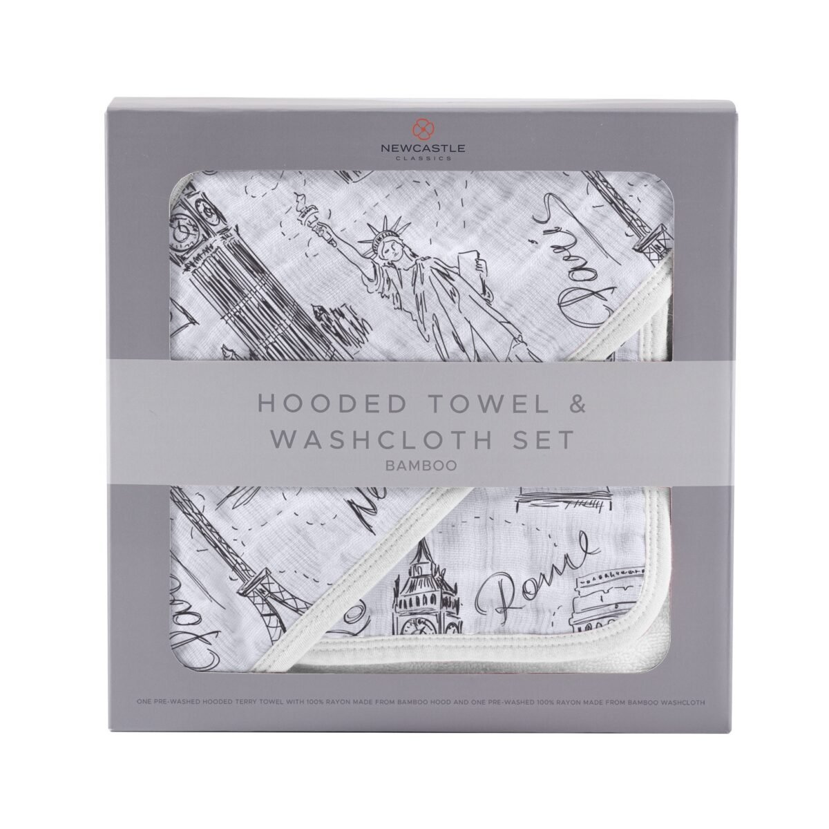 London, paris, new york hooded towel and washcloth set | cloudybébé baby product