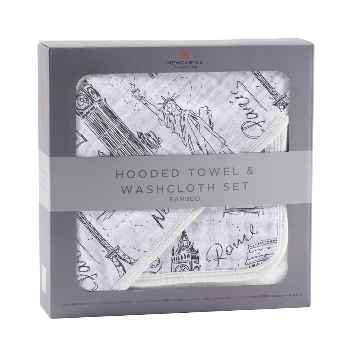 London, paris, new york hooded towel and washcloth set | cloudybébé baby product