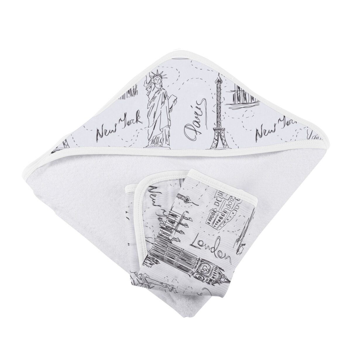 London, paris, new york hooded towel and washcloth set | cloudybébé baby product