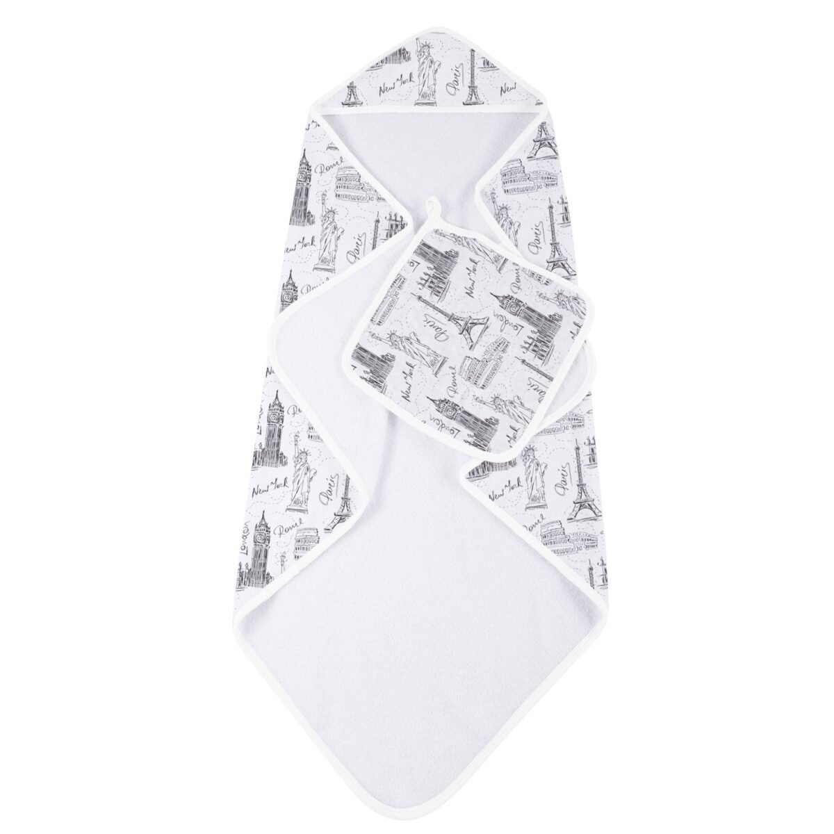 London, paris, new york hooded towel and washcloth set | cloudybébé baby product