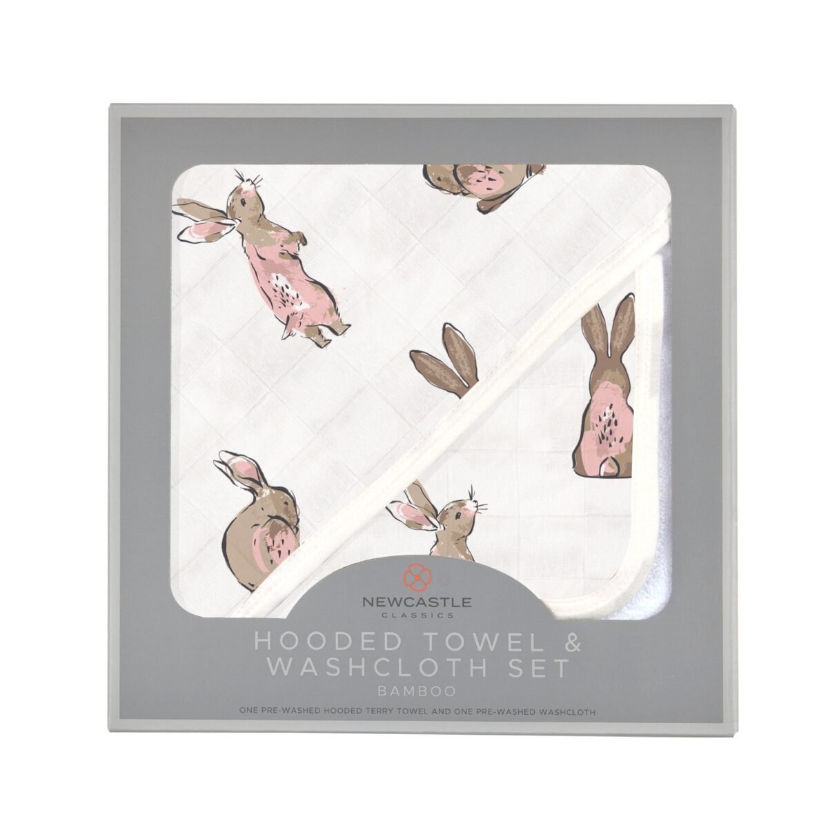 Powder pink bunnies bamboo hooded towel and washcloth set | cloudybébé baby product