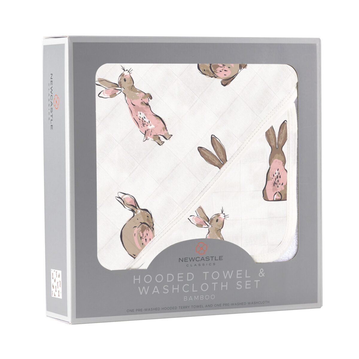 Powder pink bunnies bamboo hooded towel and washcloth set | cloudybébé baby product