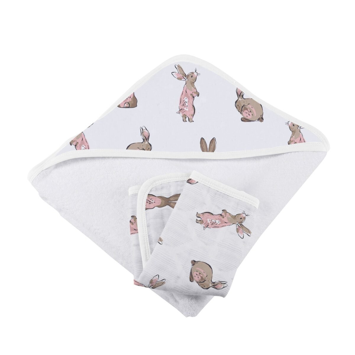 Powder pink bunnies bamboo hooded towel and washcloth set | cloudybébé baby product
