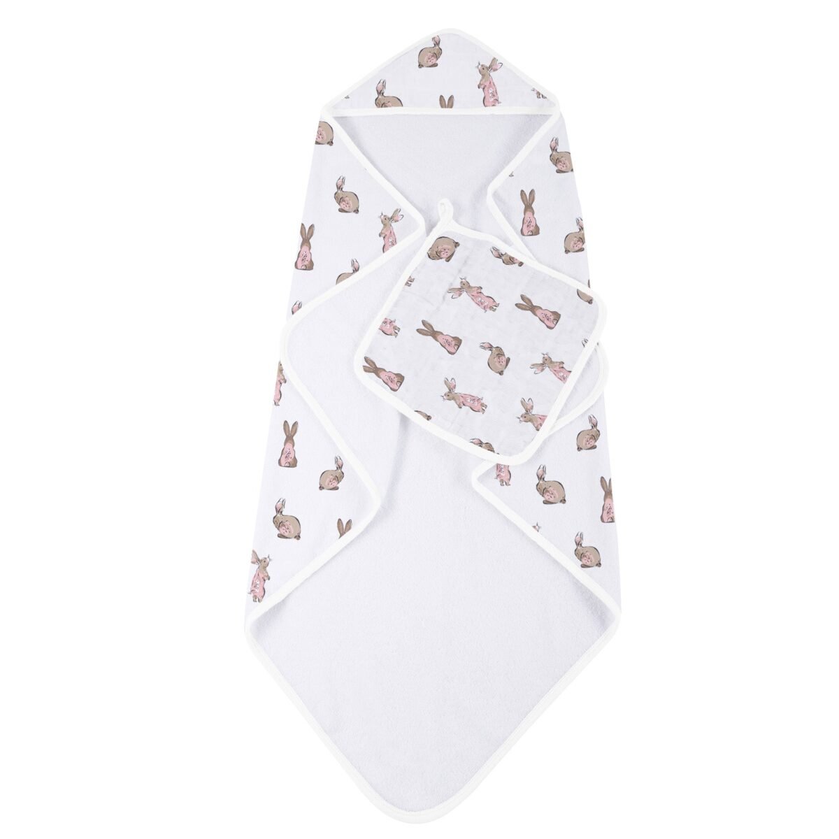 Powder pink bunnies bamboo hooded towel and washcloth set | cloudybébé baby product