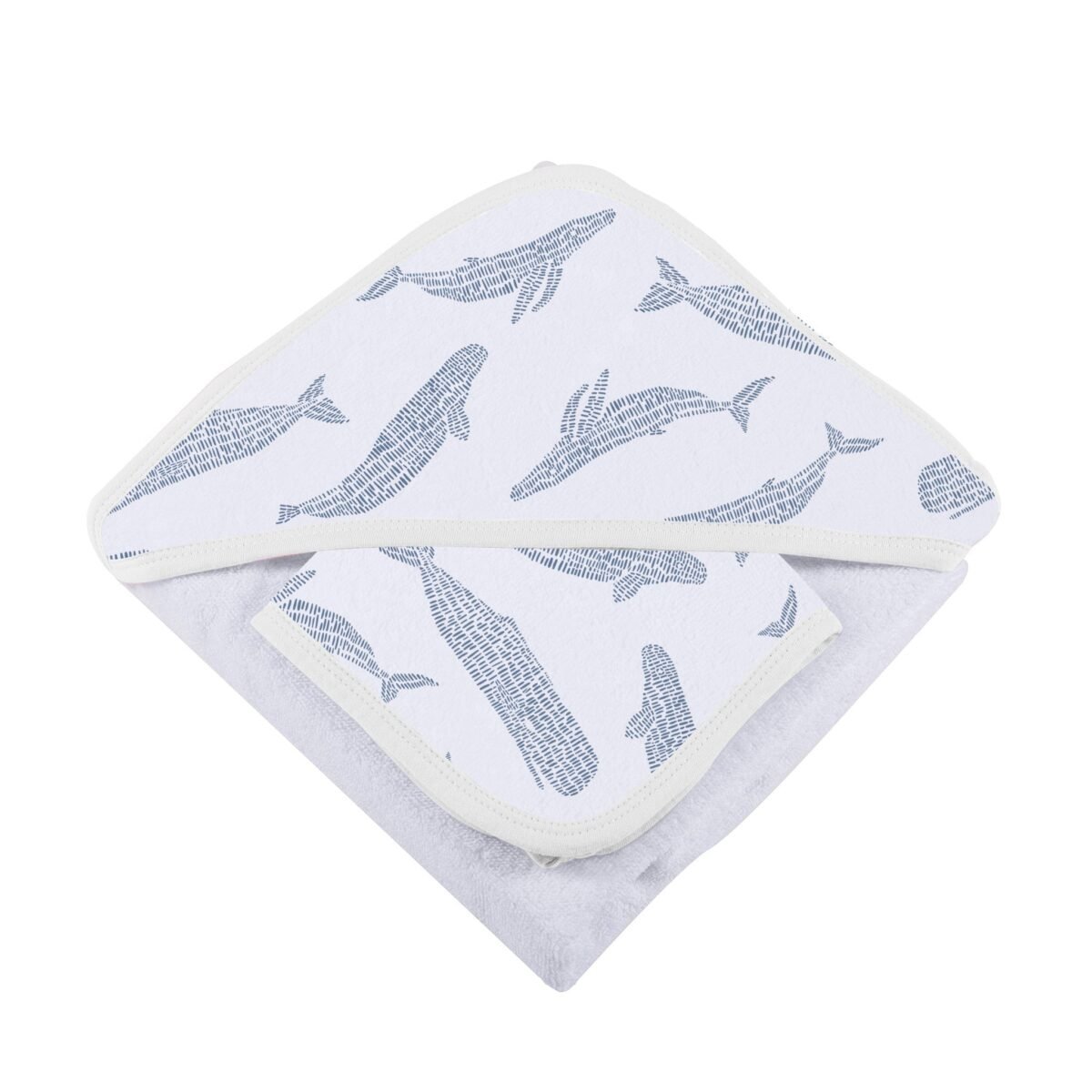 Blue shadow whales bamboo hooded towel and washcloth set | cloudybébé baby product