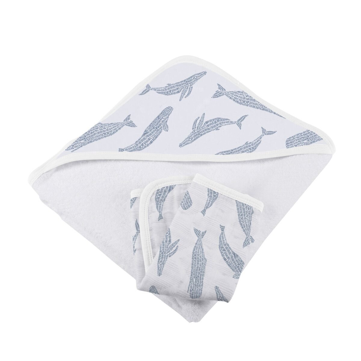Blue shadow whales bamboo hooded towel and washcloth set | cloudybébé baby product