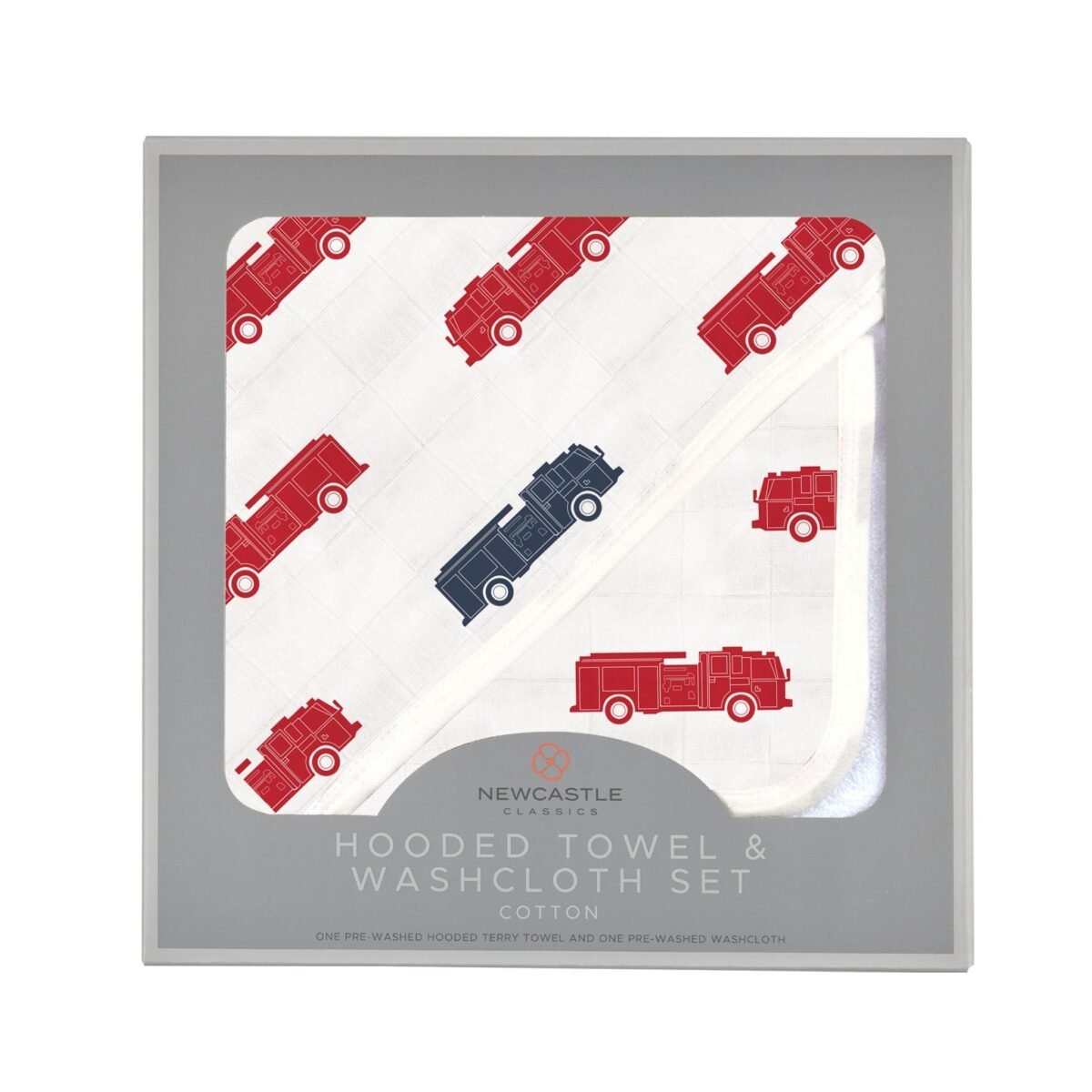 Blue and red fire trucks hooded towel and washcloth set | cloudybébé baby product