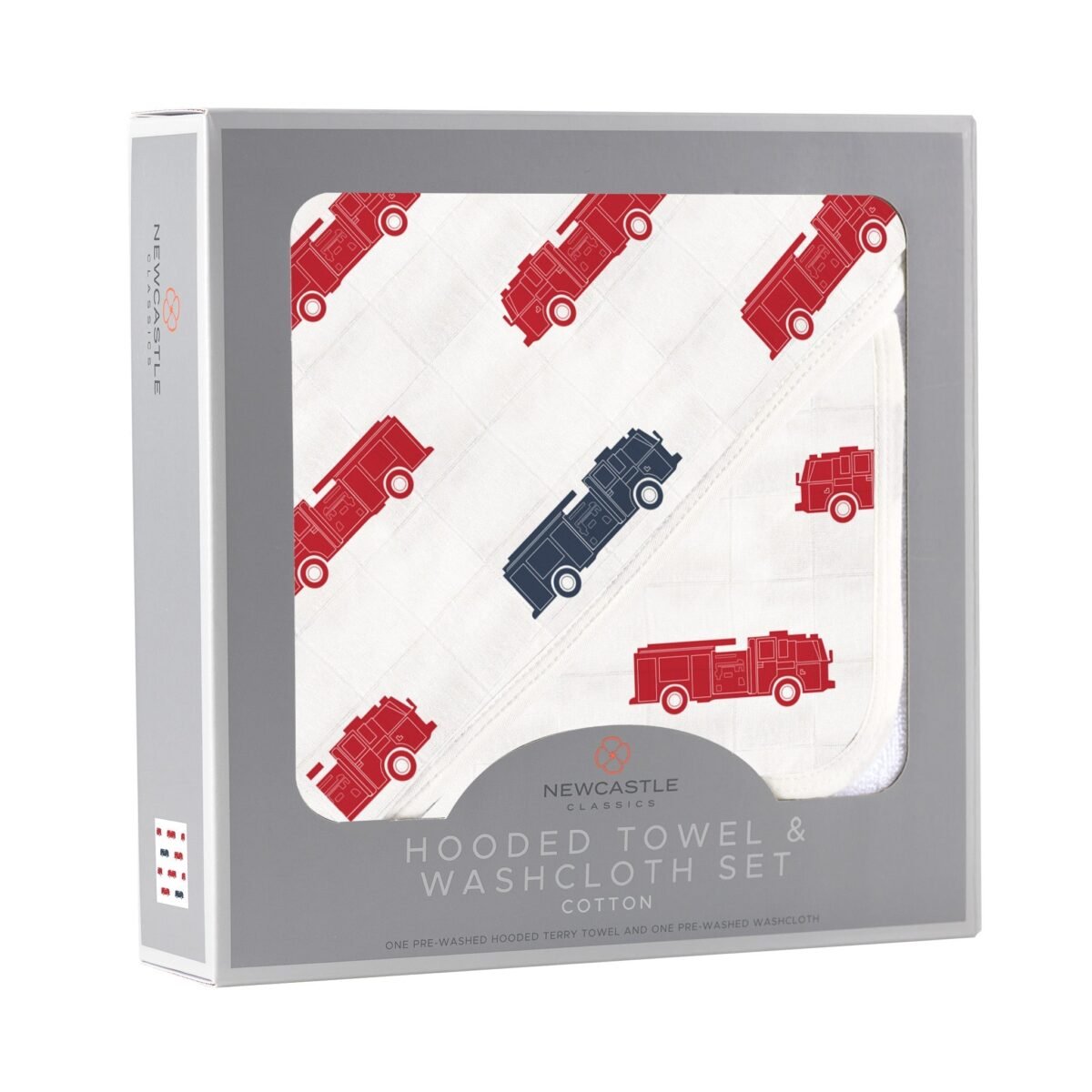 Blue and red fire trucks hooded towel and washcloth set | cloudybébé baby product