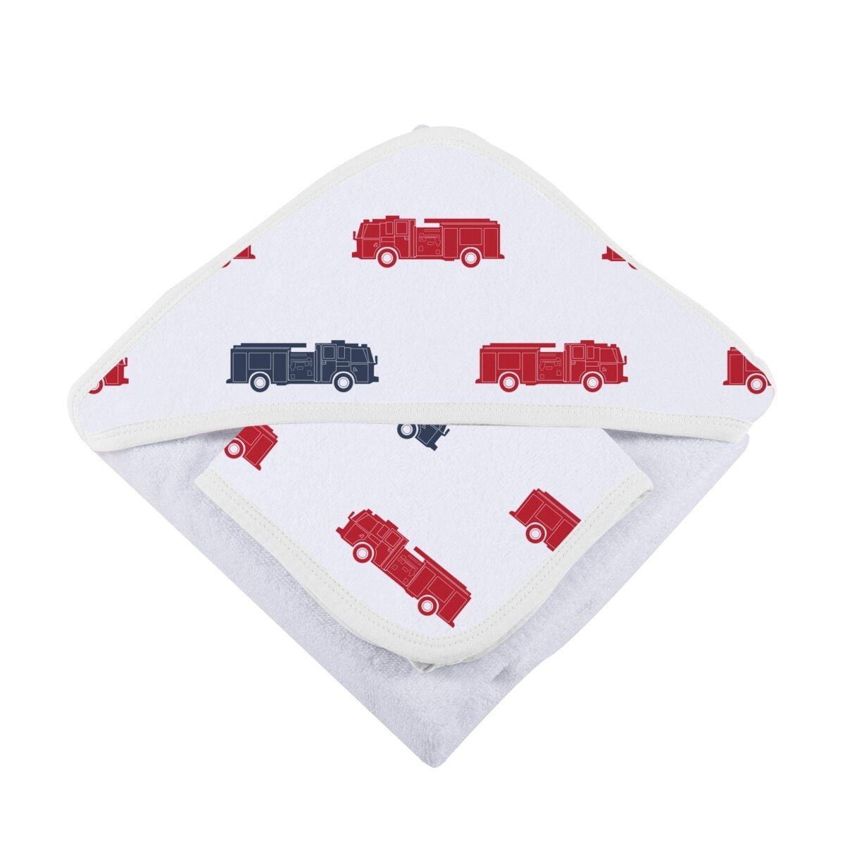 Blue and red fire trucks hooded towel and washcloth set | cloudybébé baby product