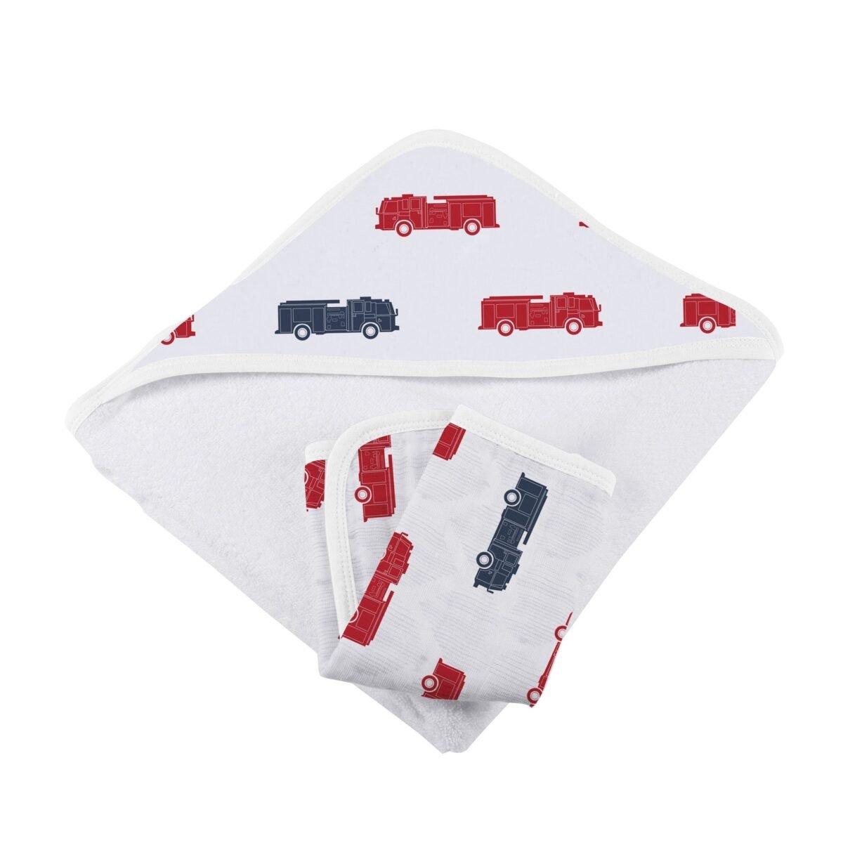 Blue and red fire trucks hooded towel and washcloth set | cloudybébé baby product