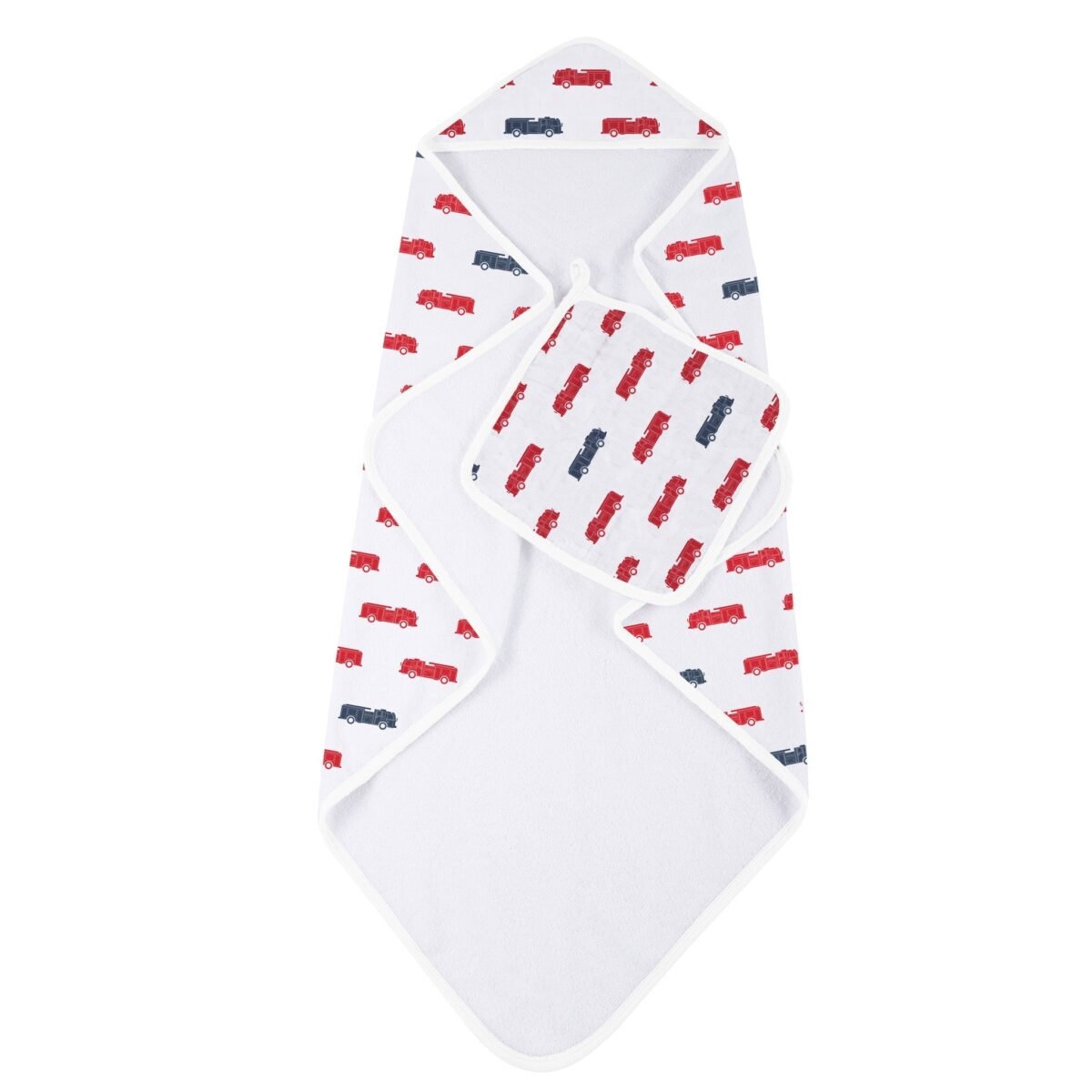 Blue and red fire trucks hooded towel and washcloth set | cloudybébé baby product
