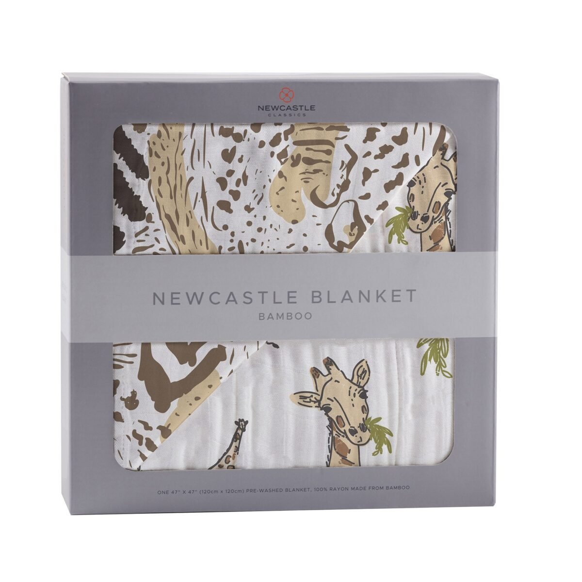 Hungry giraffe and animal print bamboo muslin newcastle blanket | cloudybébé baby product