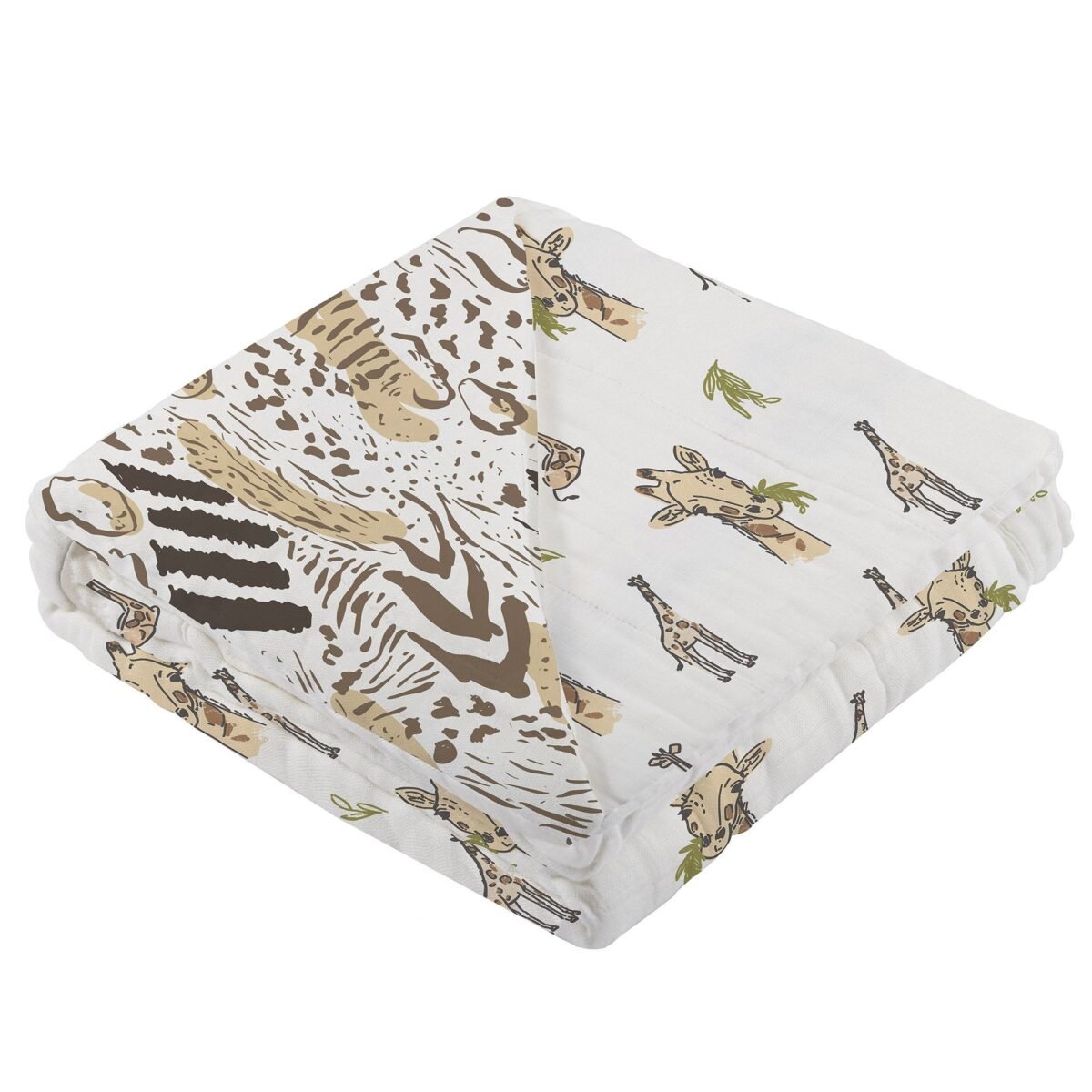Hungry giraffe and animal print bamboo muslin newcastle blanket | cloudybébé baby product