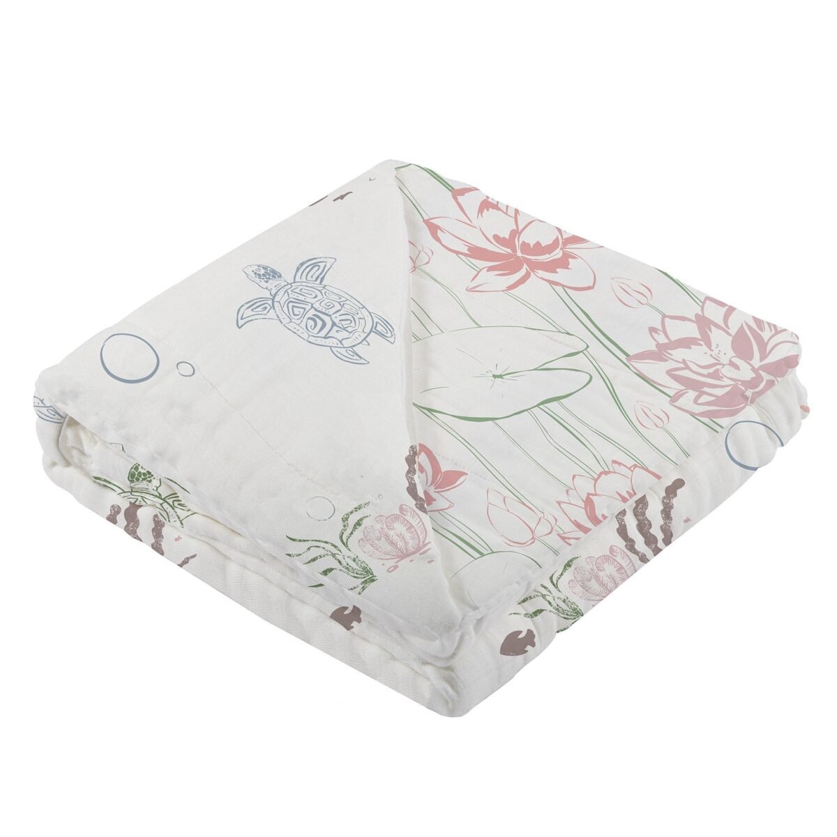 Turtles and water lily bamboo muslin newcastle blanket | cloudybébé baby product