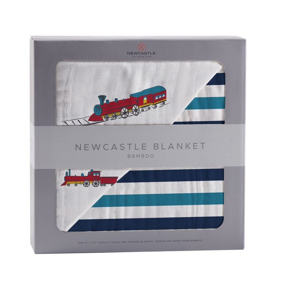 Vintage steam trains and blue stripe bamboo muslin newcastle blanket | cloudybébé baby product