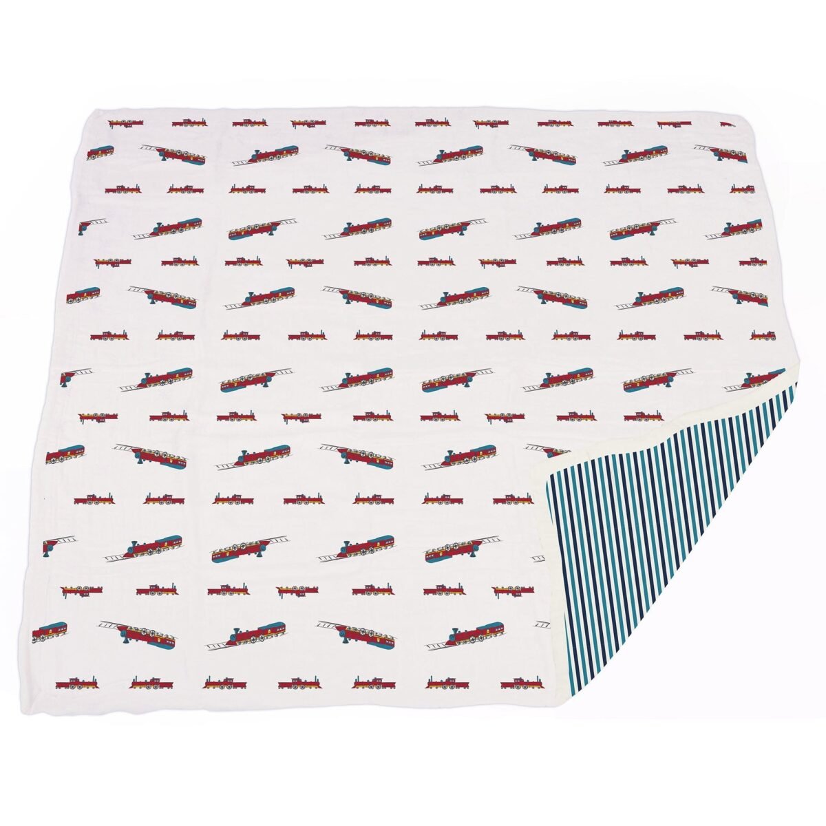Vintage steam trains and blue stripe bamboo muslin newcastle blanket | cloudybébé baby product