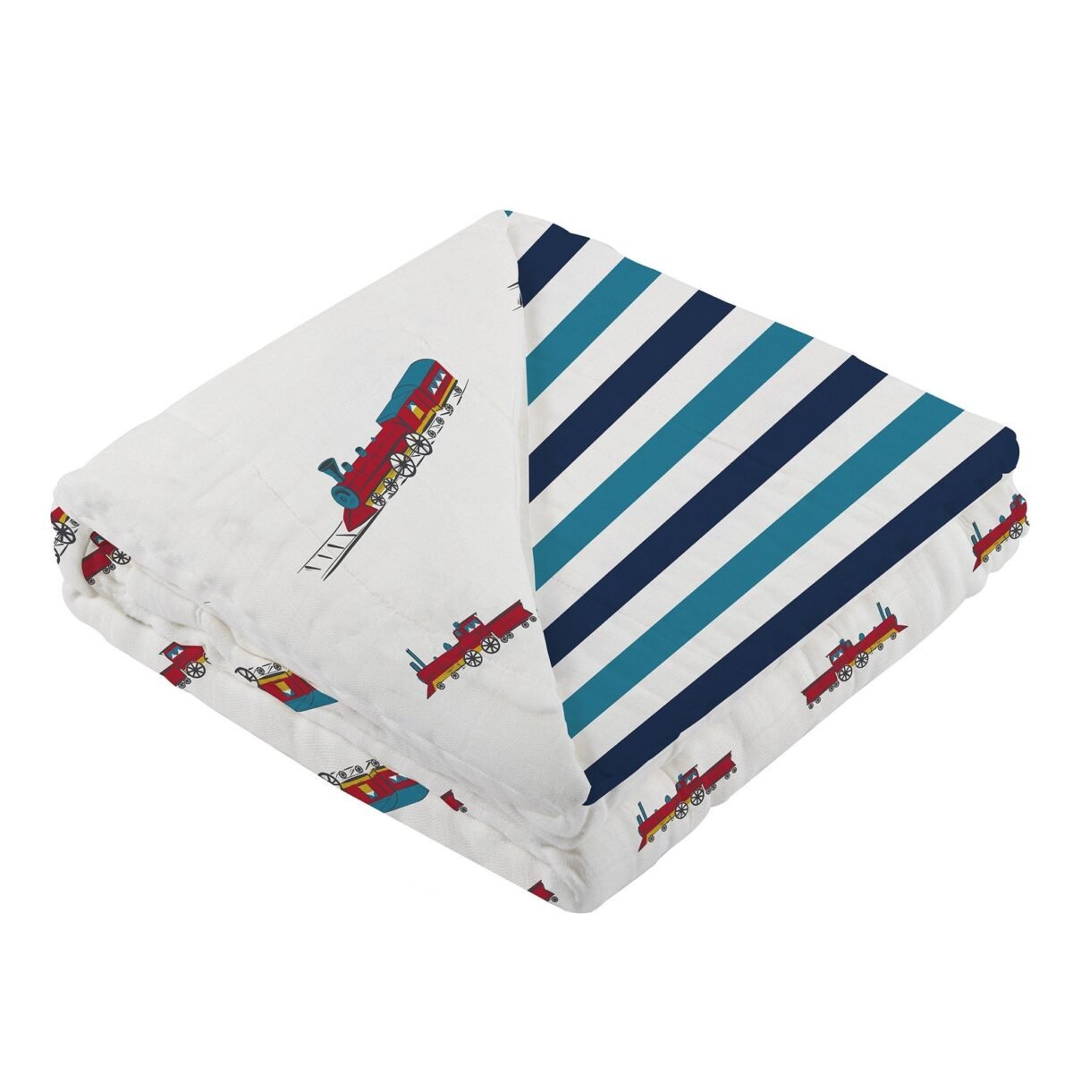Vintage steam trains and blue stripe bamboo muslin newcastle blanket | cloudybébé baby product