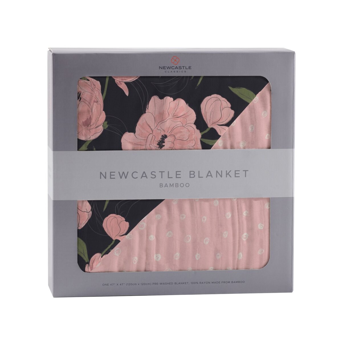 "luxurious peonies & pearl polka dot bamboo baby blanket - a stylish and soft choice for newborns, featuring a charming floral design. Perfect for keeping your little one cozy and comfortable. "