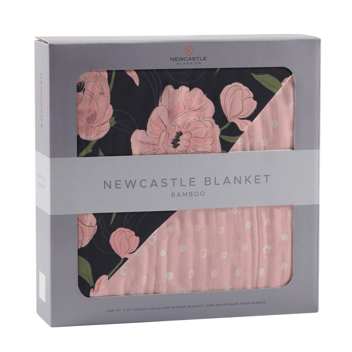 "luxurious bamboo baby blanket featuring elegant peonies and pearl polka dot design for a stylish and cozy nursery addition. "